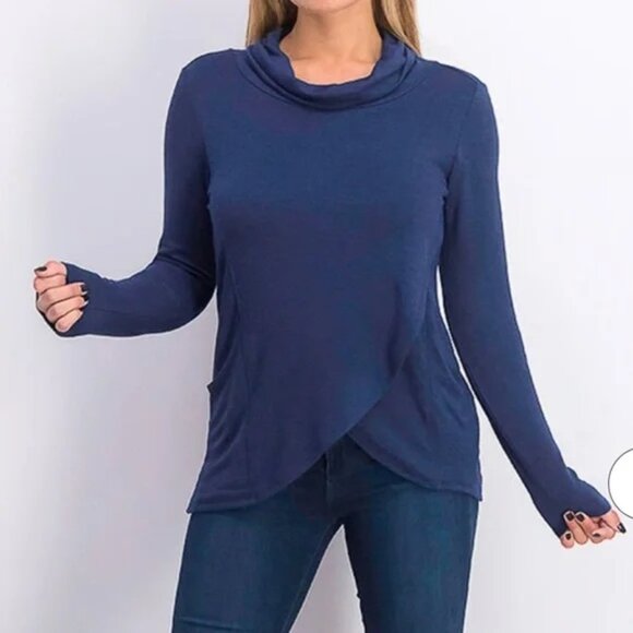 NWT MAGNOLIA GRACE Navy Cowl Neck Faux Wrap Top / Sweatshirt Med - Picture 1 of 9